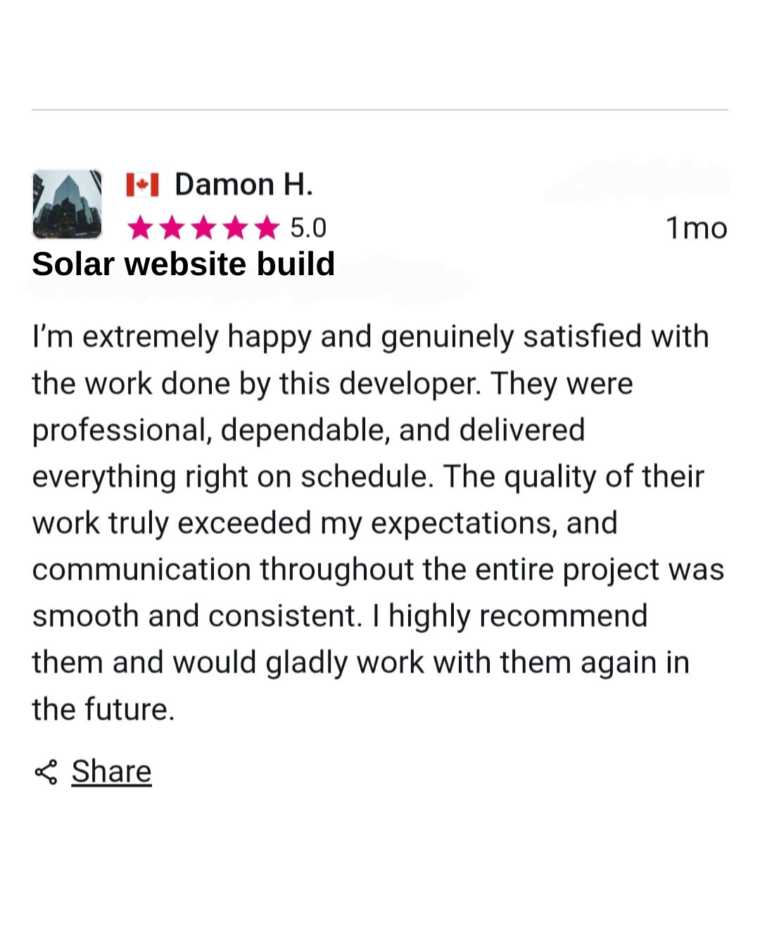 Verified Freelancer review, Damon H., Solar Website Build